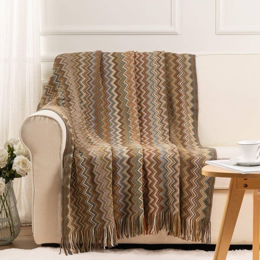 "Bohemian Symphony" Throw Blanket Acrylic Knitted With Tassel Blanket Artedimo Yellow 130x200 and 2x10cm 