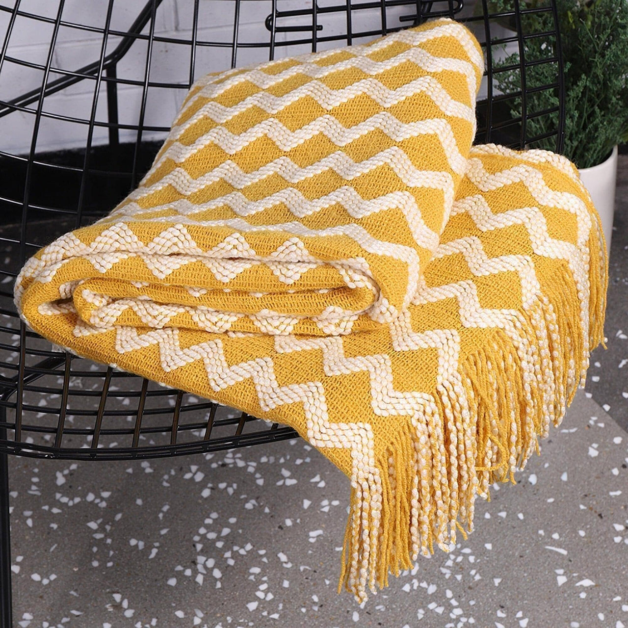 "Bohemian Symphony" Throw Blanket Acrylic Knitted With Tassel Blanket Artedimo Mustard 130x200 and 2x10cm 