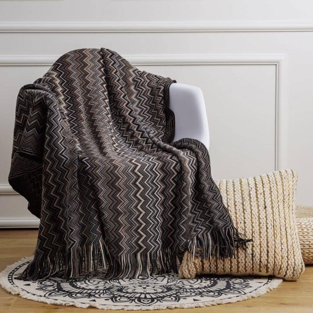 "Bohemian Symphony" Throw Blanket Acrylic Knitted With Tassel Blanket Artedimo Black 130x200 and 2x10cm 
