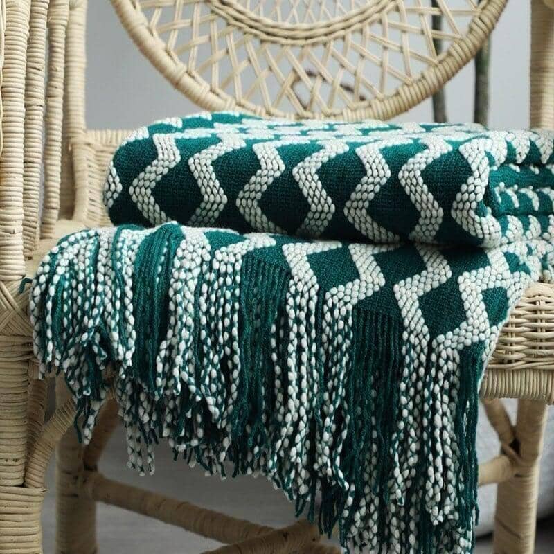 "Bohemian Symphony" Throw Blanket Acrylic Knitted With Tassel Blanket Artedimo Green 130x200 and 2x10cm 