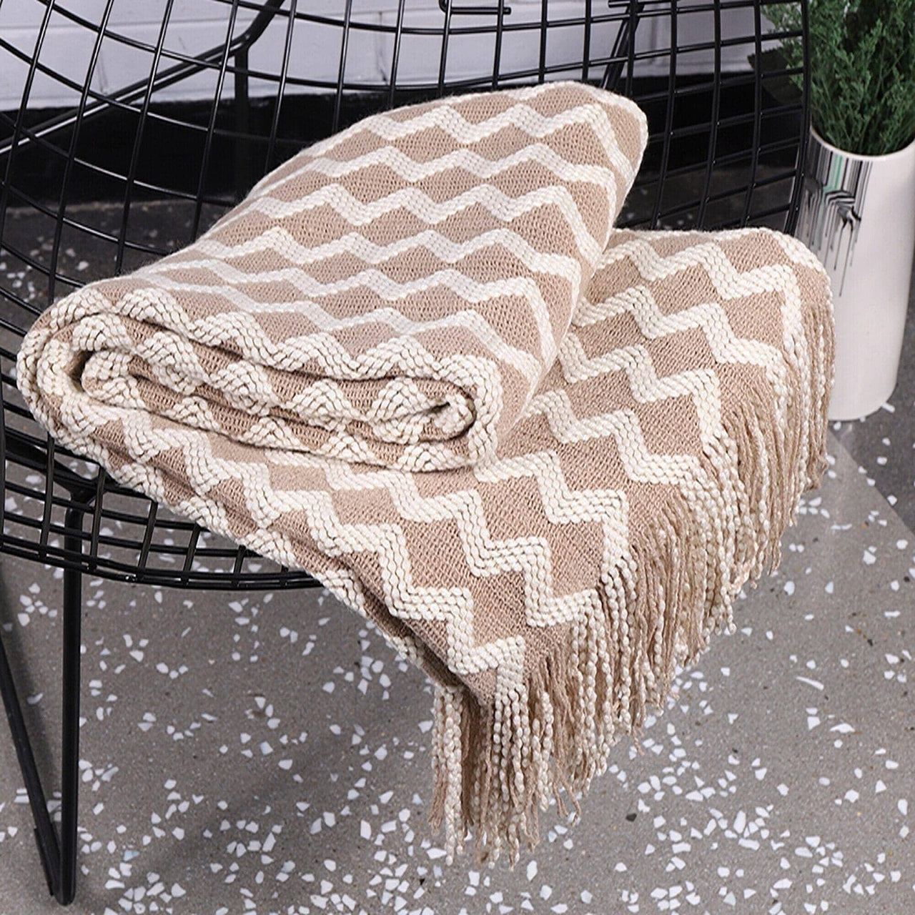 "Bohemian Symphony" Throw Blanket Acrylic Knitted With Tassel Blanket Artedimo Beige 130x200 and 2x10cm 