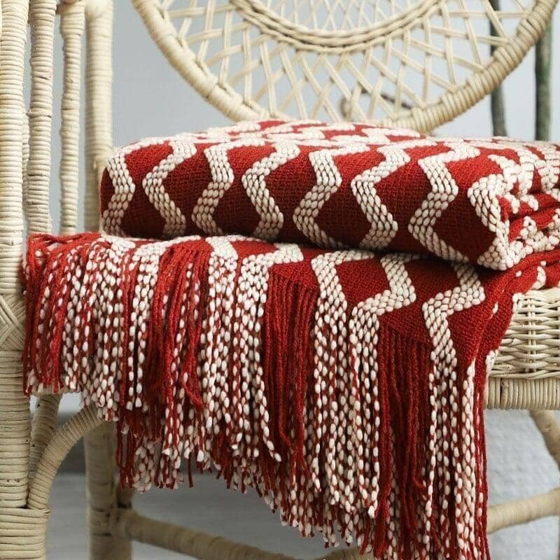 "Bohemian Symphony" Throw Blanket Acrylic Knitted With Tassel Blanket Artedimo Red 130x200 and 2x10cm 