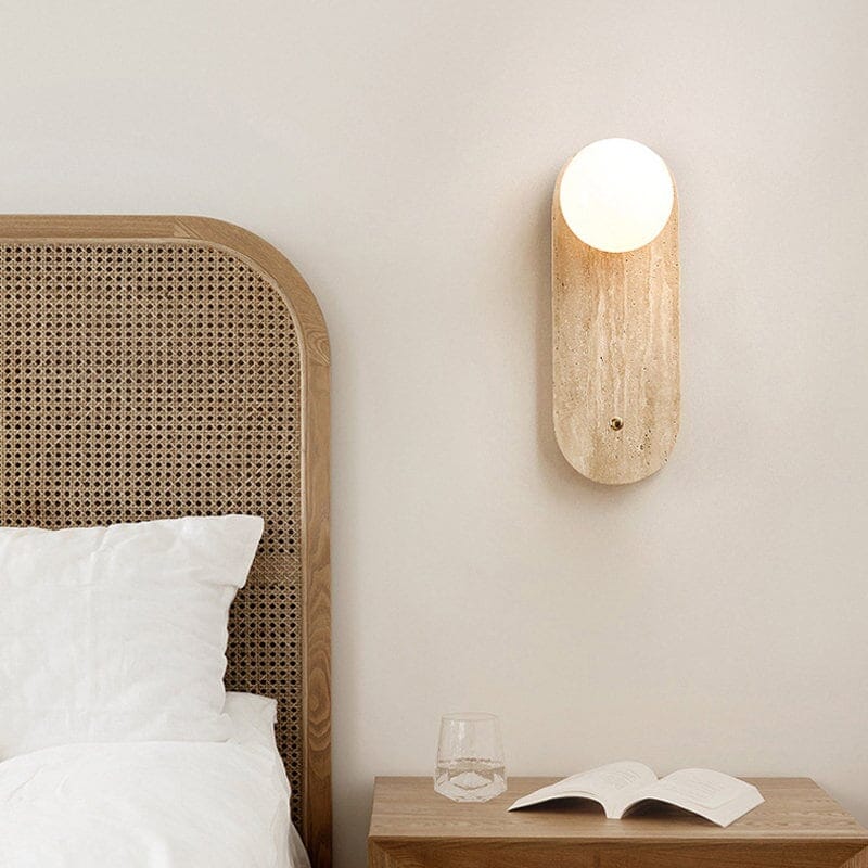 Round Stone Sconce - Minimalist Bedroom Lighting in Beige - Travertine Stone Bedside Lamp Sconces Artedimo 