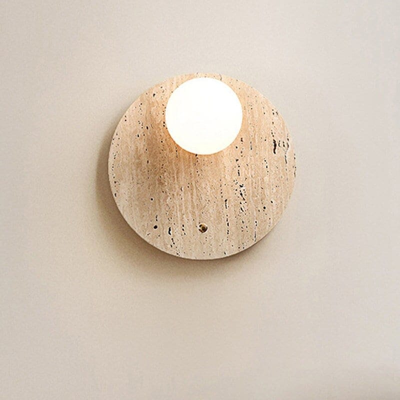 Round Stone Sconce - Minimalist Bedroom Lighting in Beige - Travertine Stone Bedside Lamp Sconces Artedimo 